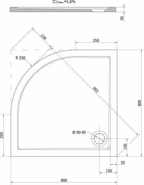 Polysan SERA sprchová vanička z litého mramoru, čtvrtkruh 80x80cm, R550, bílá 40511