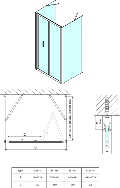 Polysan EASY třístěnný sprchový kout 900x700mm, skládací dveře, L/P varianta, čiré sklo EL1990EL3115EL3115