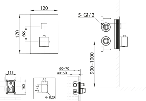 Sapho Podomítková sprchová termostatická baterie, box, 3 výstupy, chrom 1102-33