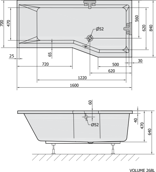 Polysan VERSYS R asymetrická vana 160x84x70x47cm, bílá 15611