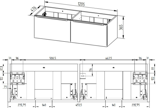 Mereo Mailo, koupelnová skříňka s keramickým umyvadlem 121 cm, antracit, chrom madlo CN538
