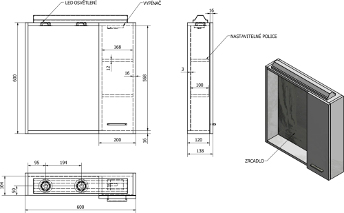 Aqualine ZOJA/KERAMIA FRESH galerka s LED osvětlením, 60x60x14cm, pravá, dub platin 45028