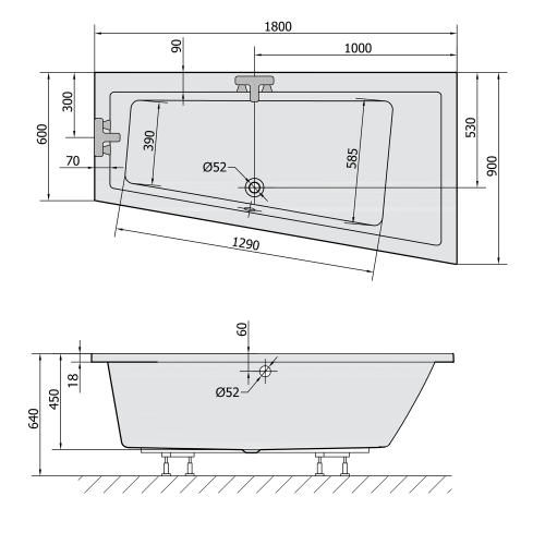 Polysan ANDRA R SLIM asymetrická vana 180x90x45cm, bílá 78771S