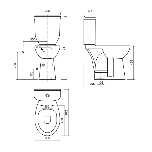 CREAVIT HANDICAP WC mísa kombi, zvýšený sedák, spodní odpad, 36, 5x67, 2cm, bílá BD305