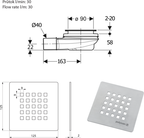Polysan TRENECA vaničkový sifon, průměr 90mm, DN40, krytka nerez 84999