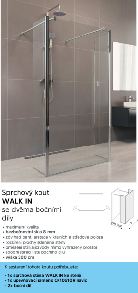 Mereo Boční díl pro WALK IN, Novea, 50 x  200 cm, chrom ALU, sklo Čiré CK10650S