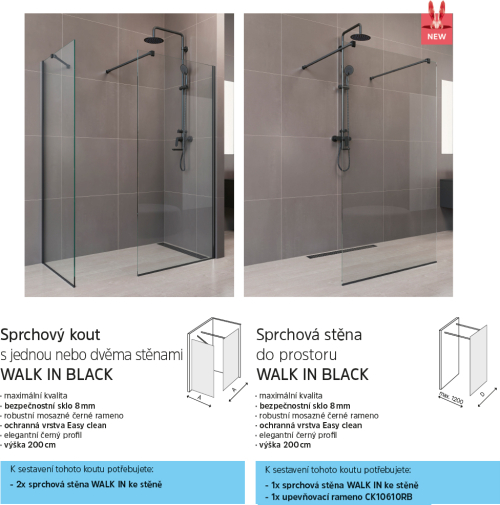 Mereo Sprchová stěna WALK IN, Novea, 70 x 200 cm, Black ALU, sklo Čiré CK10600HB