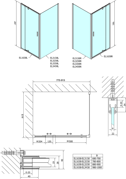 Polysan EASY LINE sprchové dveře otočné 760-900mm, sklo Brick EL1638