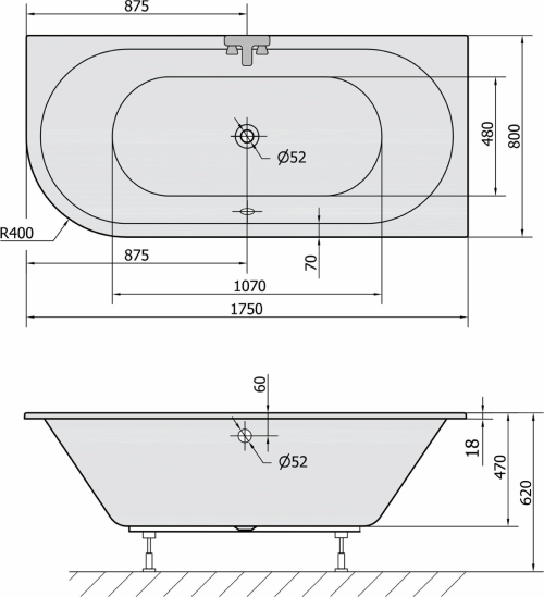 Polysan VIVA R SLIM asymetrická vana 175x80x47cm, bílá 78119S