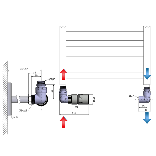 Sapho CORNER připojovací sada ventilů termostatická triaxiální, levé provedení, nerez mat CP1511LS
