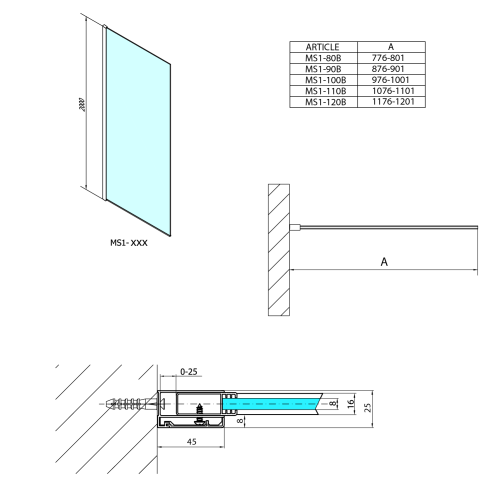 Polysan MODULAR SHOWER BLACK jednodílná zástěna pevná k instalaci na zeď, 1000 mm MS1-100B