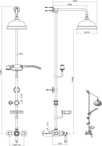 Sapho VIENNA sprchový sloup s pákovou baterií, mýdlenka, 1291mm, bronz VO138BR