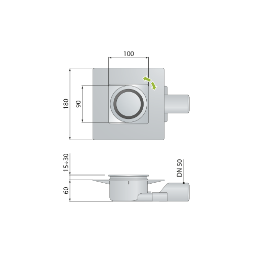 Omp Tea TIRANA podlahová vpust boční 100x100mm, DN50, chrom 2665.295.8