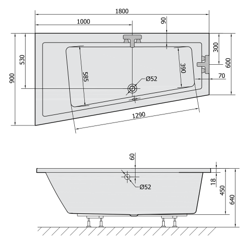 Polysan ANDRA L SLIM asymetrická vana 180x90x45cm, bílá 72872S