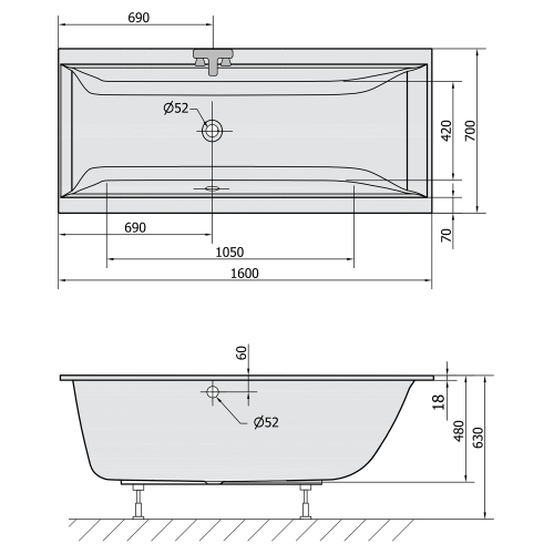 Polysan CLEO SLIM obdélníková vana 160x70x48cm, bílá 73611S