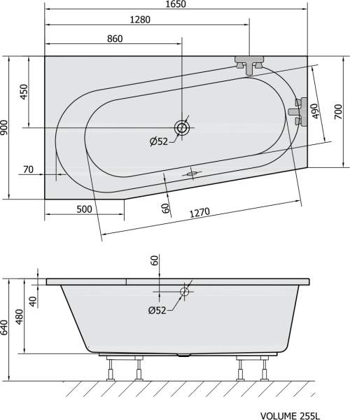 Polysan ASTRA WL asymetrická vana 165x90x48cm, bílá 30611