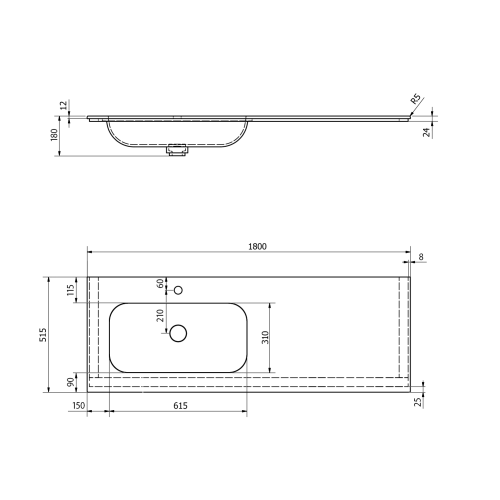 Sapho ARUBA umyvadlo, Rockstone, 180x51, 5cm, levé, bílá mat AR180-B1L