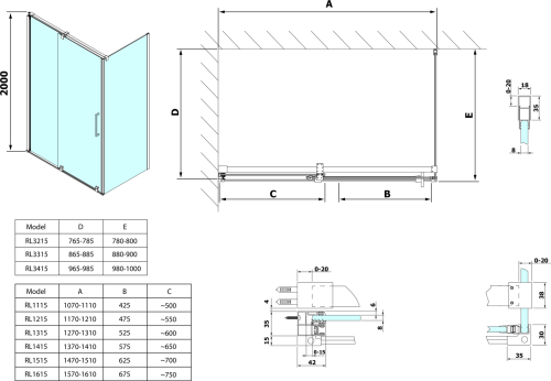 Polysan ROLLS LINE boční stěna 800mm, výška 2000mm, čiré sklo RL3215