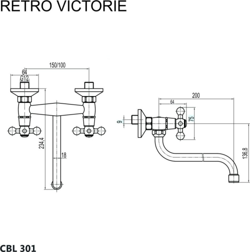 Mereo Dřezová nástěnná baterie, Retro Viktorie, 100 mm, s ramínkem trubkovým ø 18 mm - 200 mm CBL301A