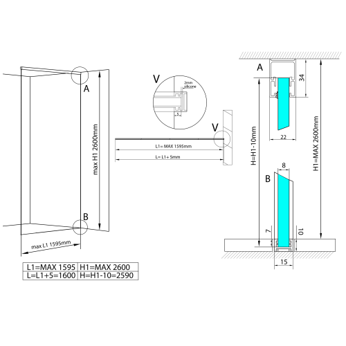 Polysan ARCHITEX sada pro uchycení skla, podlaha-stěna-strop, max. š. 1600mm, černá mat AXL2816B