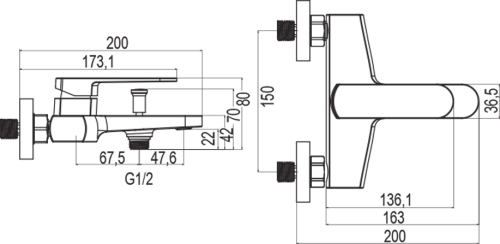 Mereo Vanová nástěnná baterie, Mada, 150 mm, bez příslušenství, chrom CBQ90103M