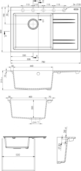 Granitový dřez Sinks RIM 780 L Granblack + Vitalia GR G5230