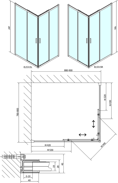 Polysan EASY obdélníková sprchová zástěna 900x800mm, čiré sklo EL5315