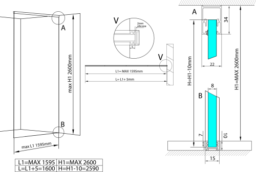 Polysan ARCHITEX sada pro uchycení skla, podlaha-stěna-strop, max. š. 1600mm, leštěný hliník AL2816