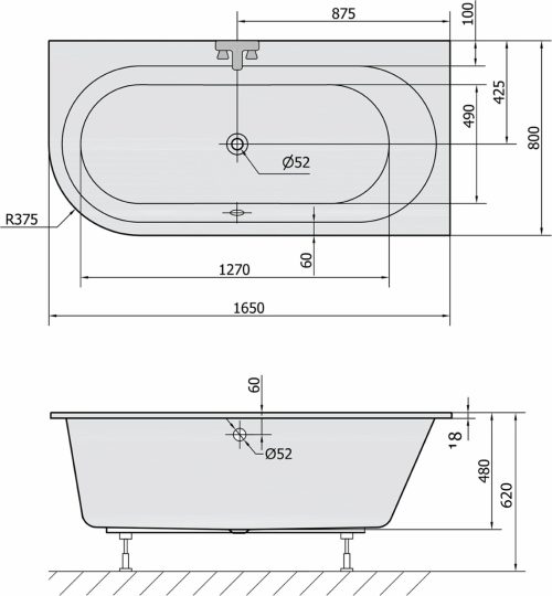 Polysan ASTRA R SLIM asymetrická vana 165x80x48cm, bílá 34611S