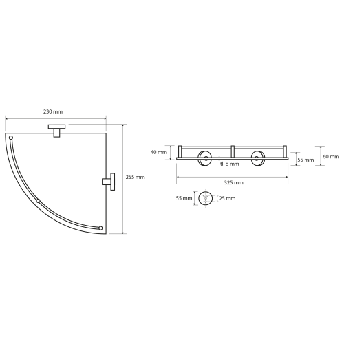 Sapho X-ROUND E skleněná polička rohová s hrazdou 255x60x230mm, chrom XR605