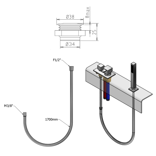 Sapho Sprchová průchodka na okraj vany včetně hadice F1/2"-M3/8" , hranatá, chrom 1205-11