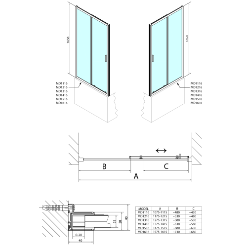 Polysan DEEP sprchové dveře 1200x1650mm, čiré sklo MD1216