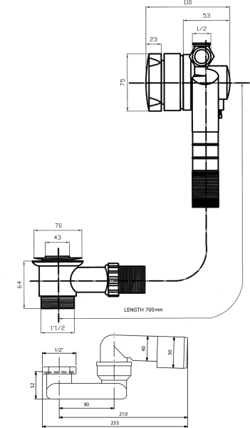 Bruckner Vanová souprava s napouštěním, L-700mm, DN40/50, chrom 164.270.1