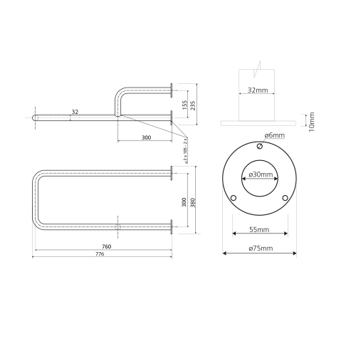 Sapho HANDICAP opěrné madlo PRAVÉ 760mm, nerez lesk XH536