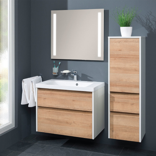 Mereo Opto koupelnová skříňka vysoká 125 cm, levé otevírání, bílá/dub Riviera CN934L