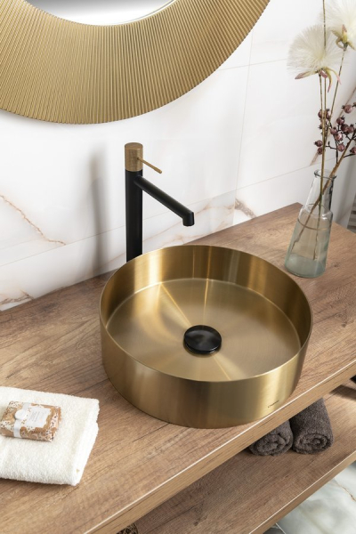 Sapho AURUM nerezové umyvadlo na desku, průměr 38cm, včetně výpusti, zlato mat AU201