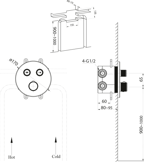 Sapho SMART SELECT podomítková sprchová termostatická baterie, box, 2 výstupy, zlato mat RP032GB