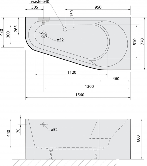Polysan PROJEKTA R MONOLITH asymetrická stojící vana 156x77x60cm, bílá 21111M