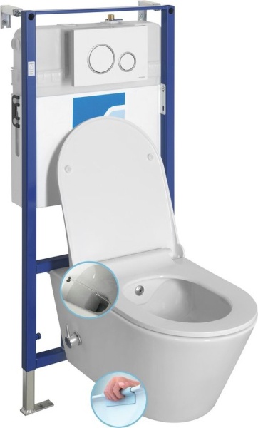 Závěsné WC AVVA CLEANWASH , integr. baterie a bidet. sprška s podomítkovou nádržkou a tlačítkem Schwab, bílá 100315-SET5