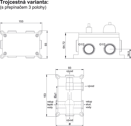Mereo Sprchová podomítková baterie s trojcestným přepínačem, Dita, Mbox, hranatý kryt, chrom CBE60157DC