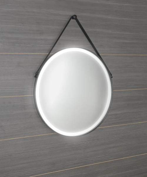 Sapho ORBITER kulaté zrcadlo s LED osvětlením ø 60cm, kožený pásek, černá mat ORL060