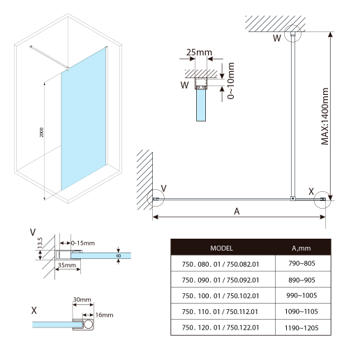 Bruckner SPITZA sprchová zástěna WALK-IN, 900mm, čiré sklo 750.090.1