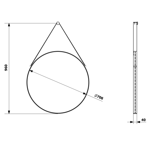 Sapho ORBITER kulaté zrcadlo s koženým páskem ø 70cm, černá mat ORT070