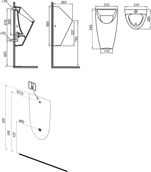 Bruckner SCHWARN keramický urinál, zadní přívod, zadní odpad, bílá 201.701.4