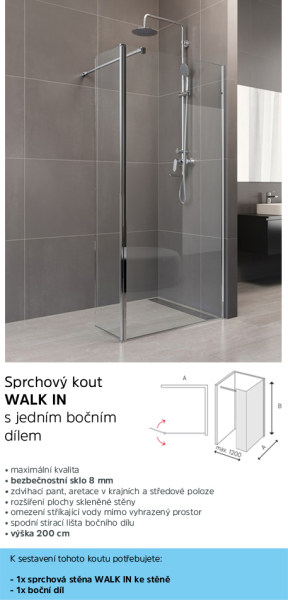 Mereo Boční díl pro WALK IN, Novea, 50 x  200 cm, chrom ALU, sklo Čiré CK10650S