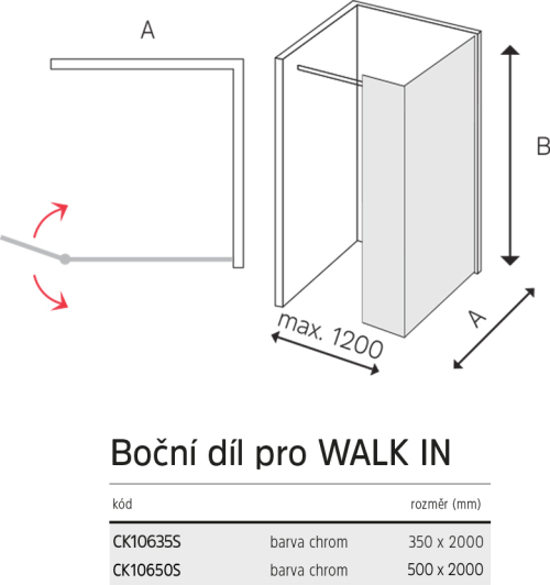 Mereo Boční díl pro WALK IN, Novea, 50 x  200 cm, chrom ALU, sklo Čiré CK10650S