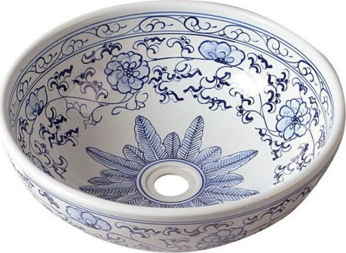 Sapho PRIORI keramické umyvadlo na desku, Ø 41 cm, bílá s modrým vzorem PI012