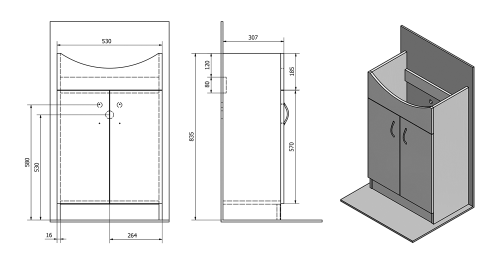 Aqualine SIMPLEX ECO 55 umyvadlová skříňka včetně umyvadla 53x83, 5x30, 7cm SIME550