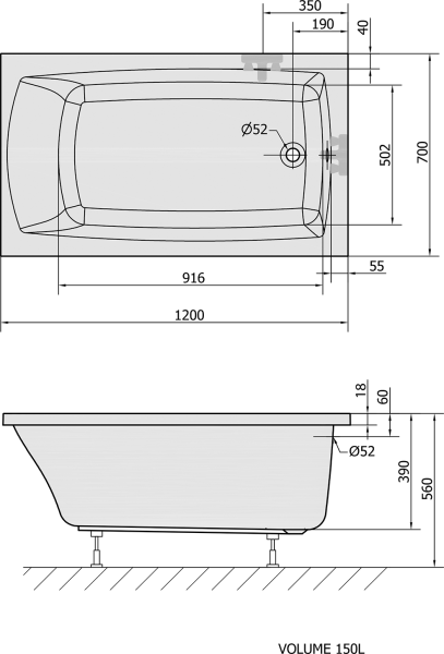 Polysan LILY SLIM obdélníková vana 120x70x39cm, bílá 25111S