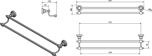 Sapho DIAMOND dvojitý držák ručníků 600x130mm, bronz 1318-11